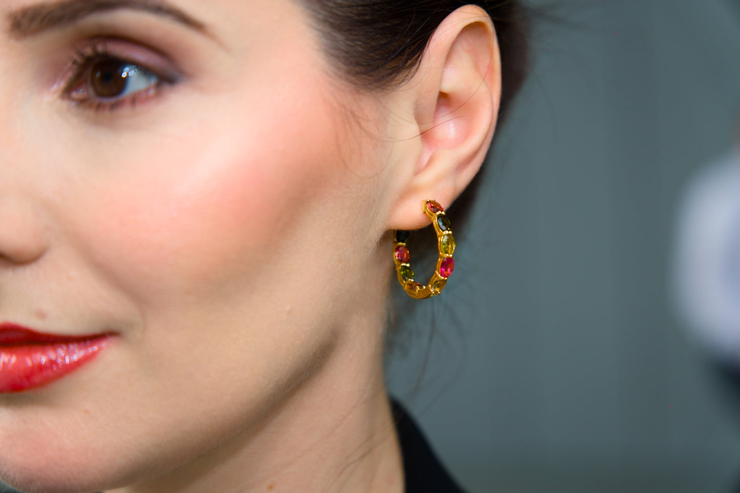 Haspiera Multicolor Gemstone Hoop Earrings in Gold