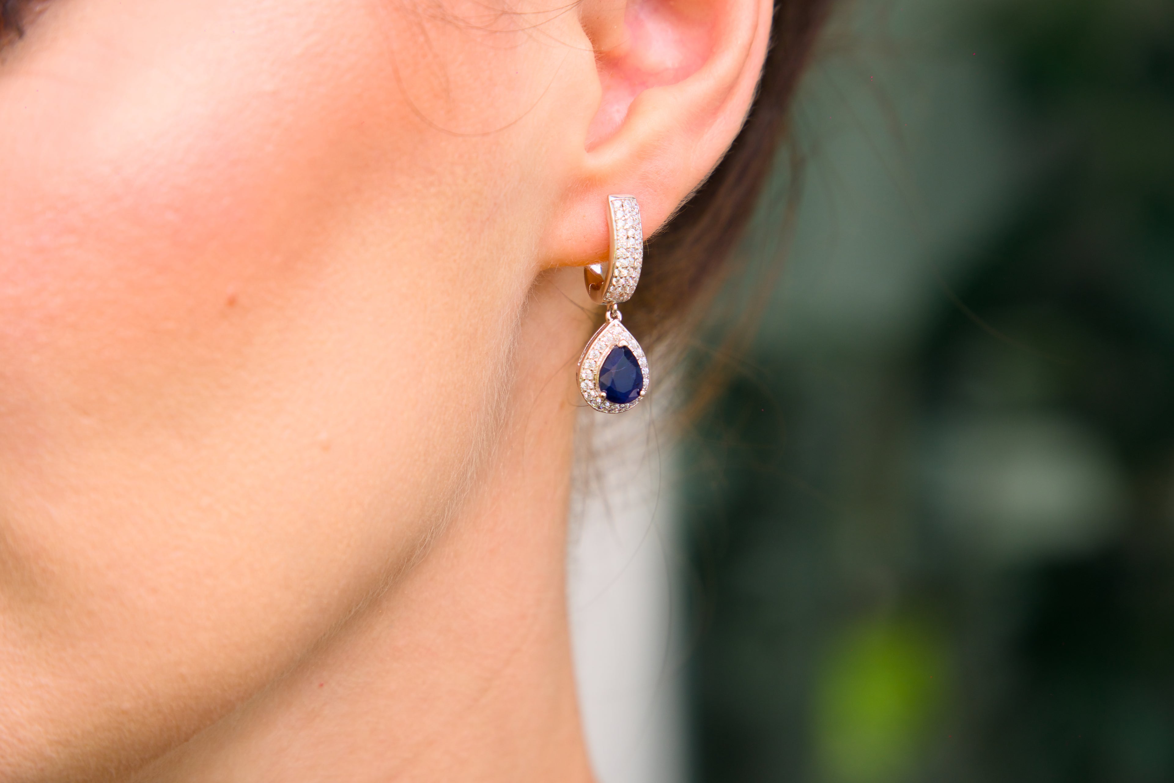 Haspiera Blue Sapphire Drop Earrings with Diamond Halo