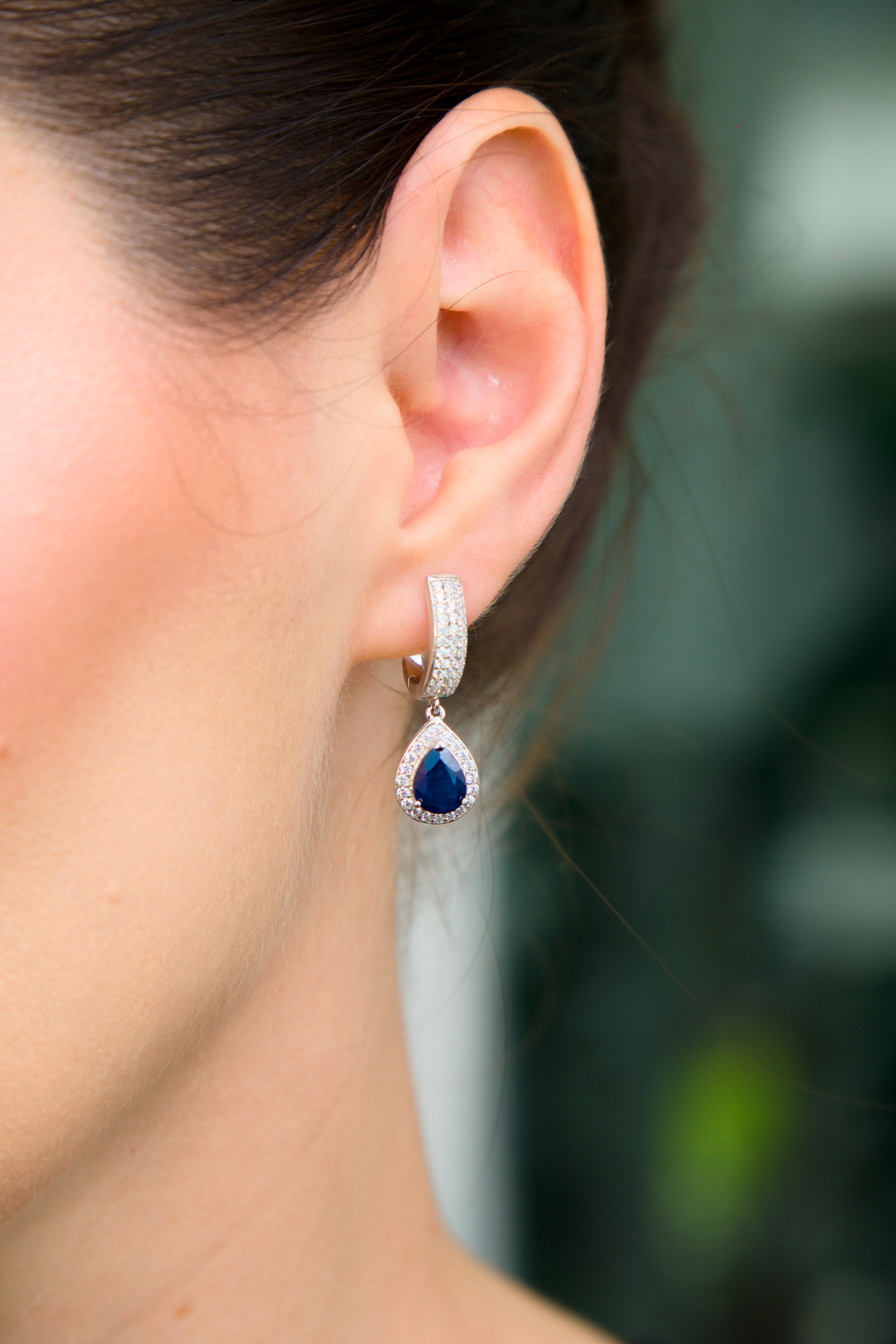 Haspiera Blue Sapphire Drop Earrings with Diamond Halo
