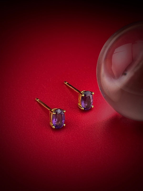 Front left view of amethyst stud earrings – natural purple gemstone jewelry