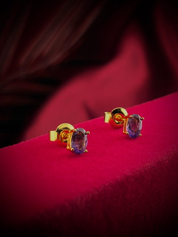 Front left view of amethyst stud earrings – natural purple gemstone jewelry