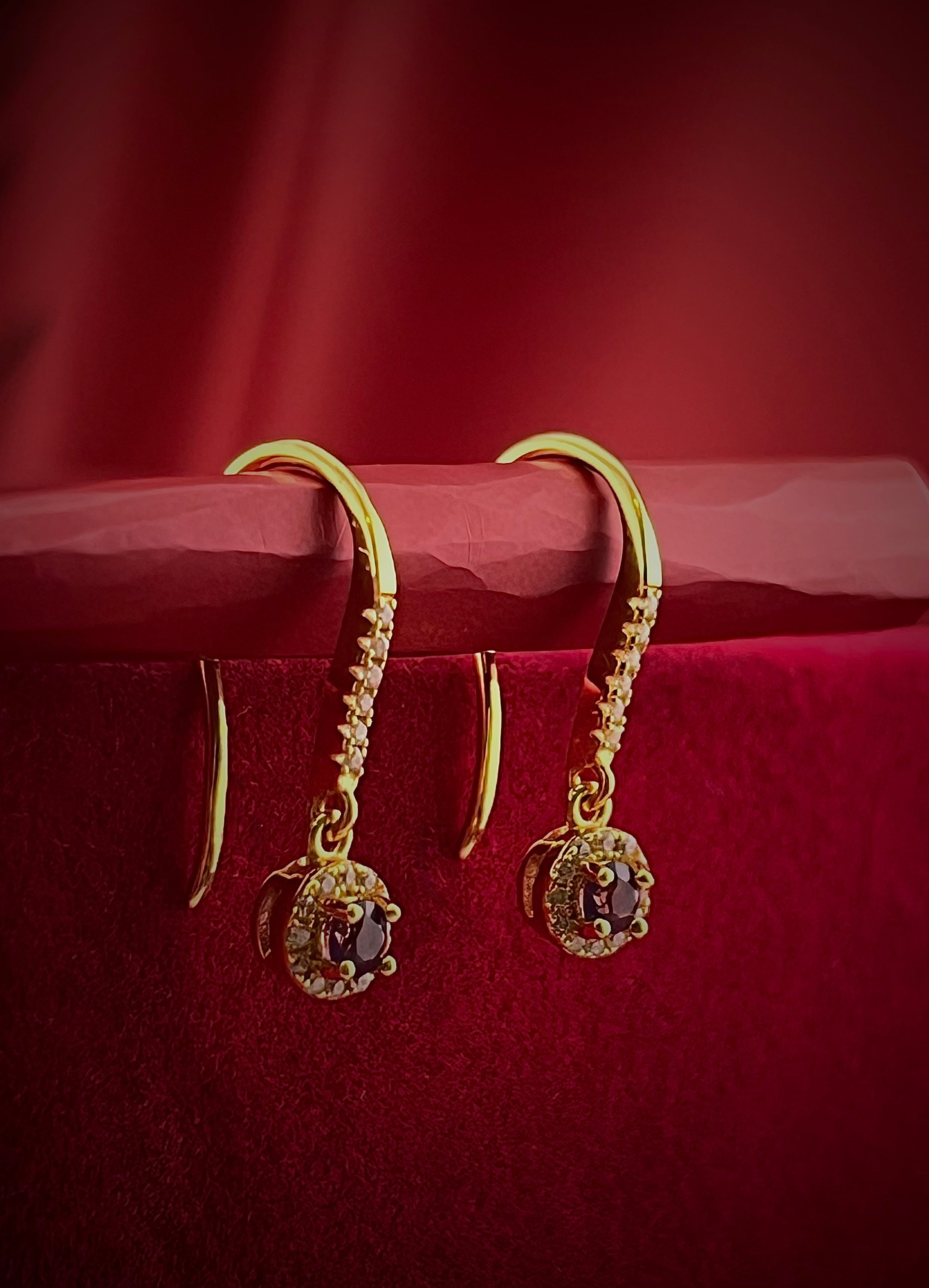 Haspiera violet drop earrings featuring gold hooks with gemstone and crystal accents