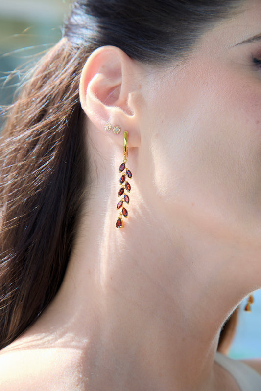 Haspiera Red Garnet Dangle Earrings in Gold