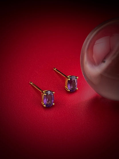 Front left view of amethyst stud earrings – natural purple gemstone jewelry