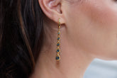 Gold earring with green gemstones worn by a person