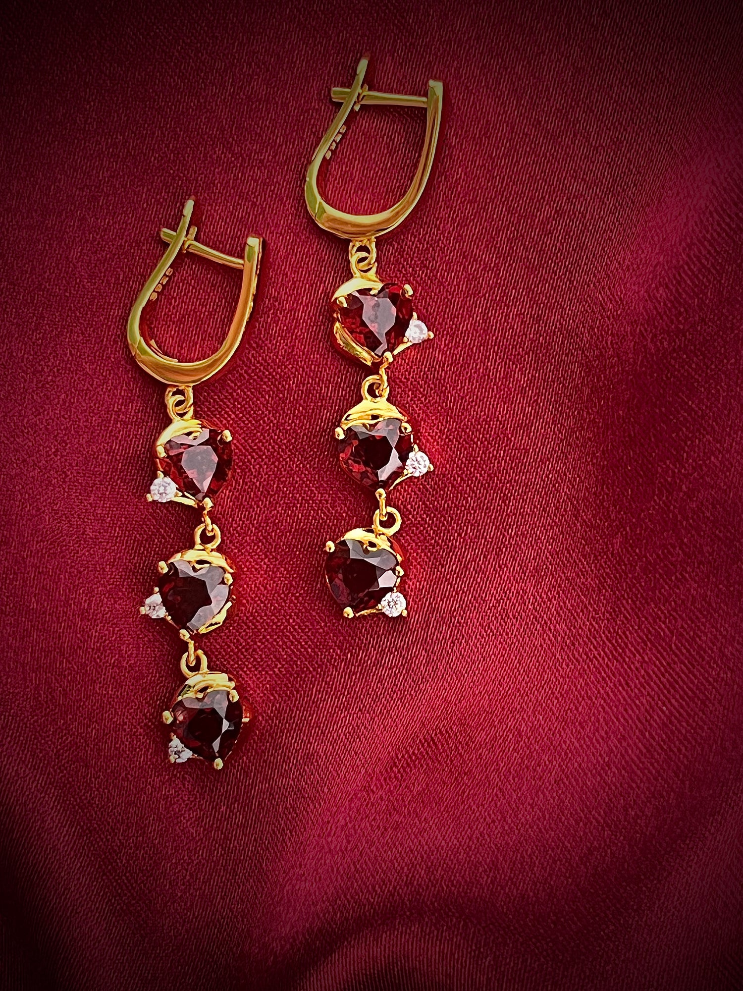 Haspiera gold demi-fine gemstone earrings for women with red heart-shaped stones and small clear accents