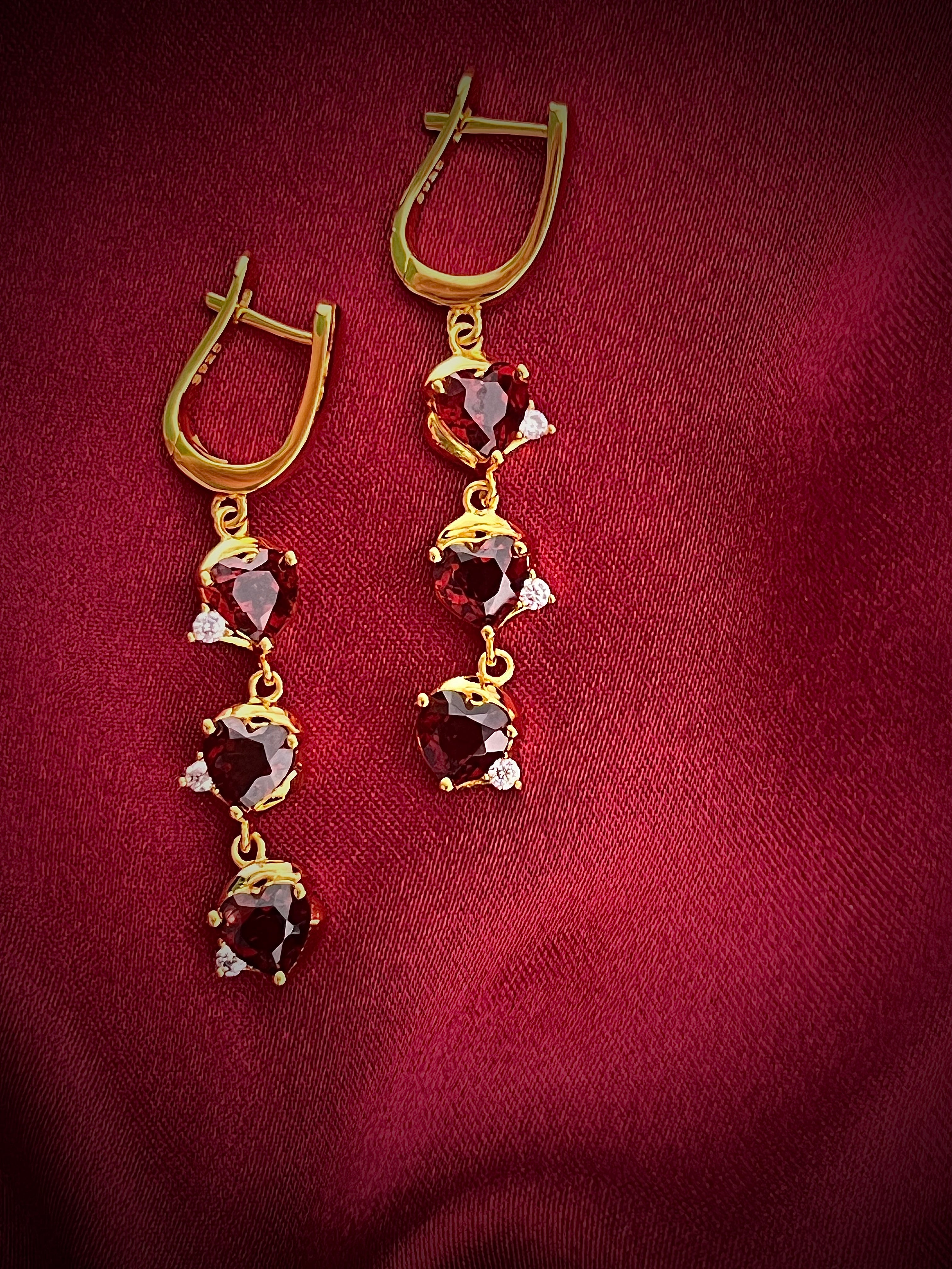 Haspiera gold demi-fine gemstone earrings for women with red heart-shaped stones and small clear accents