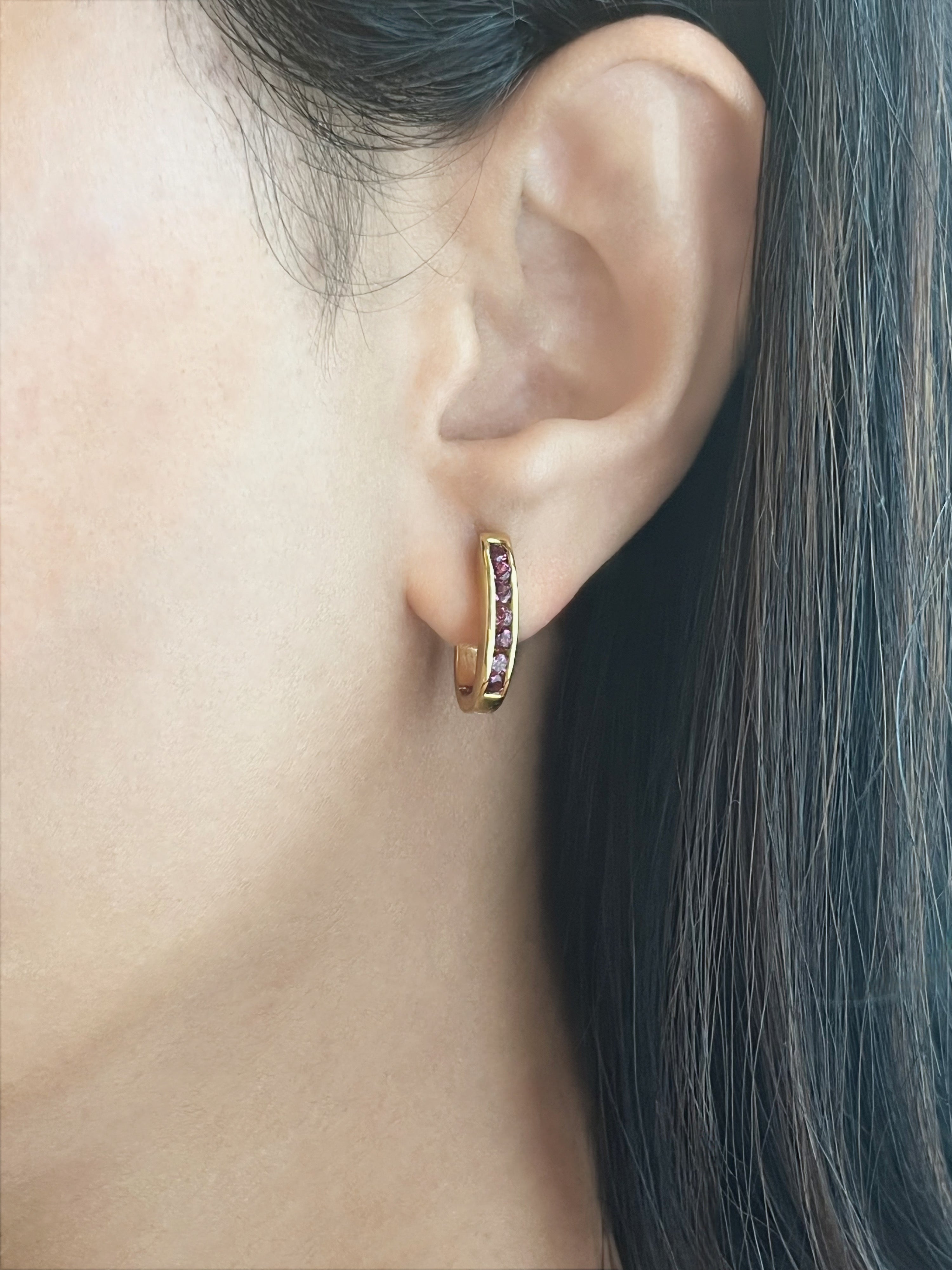 Haspiera gemstone gold hoop minimalist everyday earrings worn on ear for elegant style