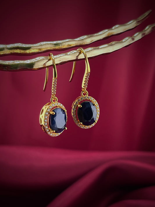 Haspiera sapphire drop earrings for women with gold setting and surrounding small diamonds